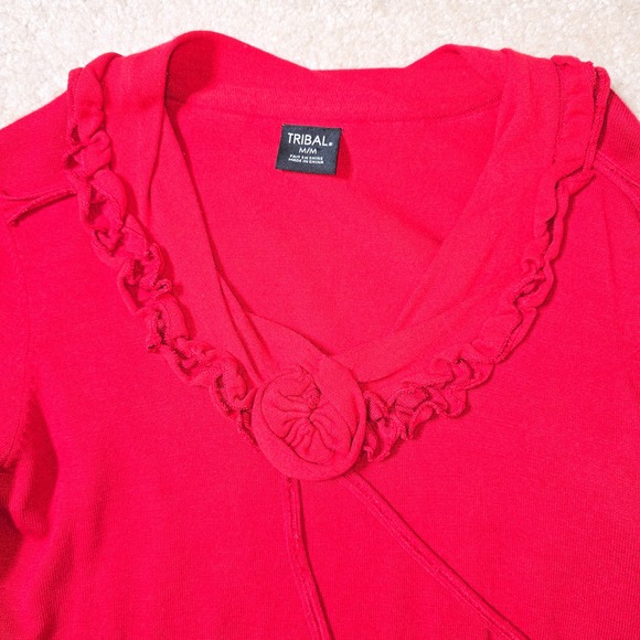 Tribal Long Sleeve Ruffle Trim V-Neck Sweater – Red – Size M - Picture 4 of 6